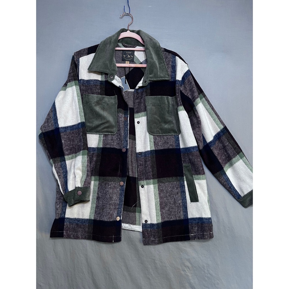 Outdoor Life Plaid Flannel Shacket Shirt Jacket Corduroy Trim Green Navy Womens